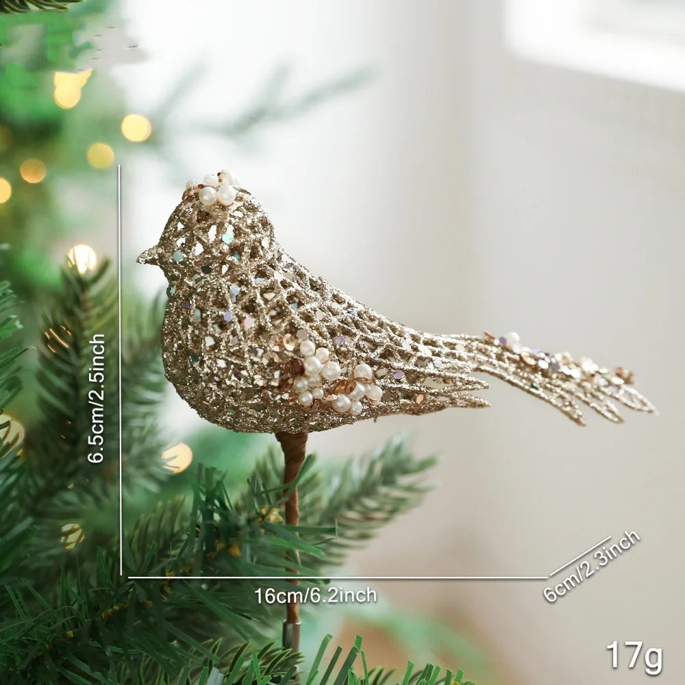 Hollow Bird Christmas Tree Decoration Sparkling Glitter Artificial Bird Ornaments Holiday New Year Party Christmas Decoration Oasis Select Champagne