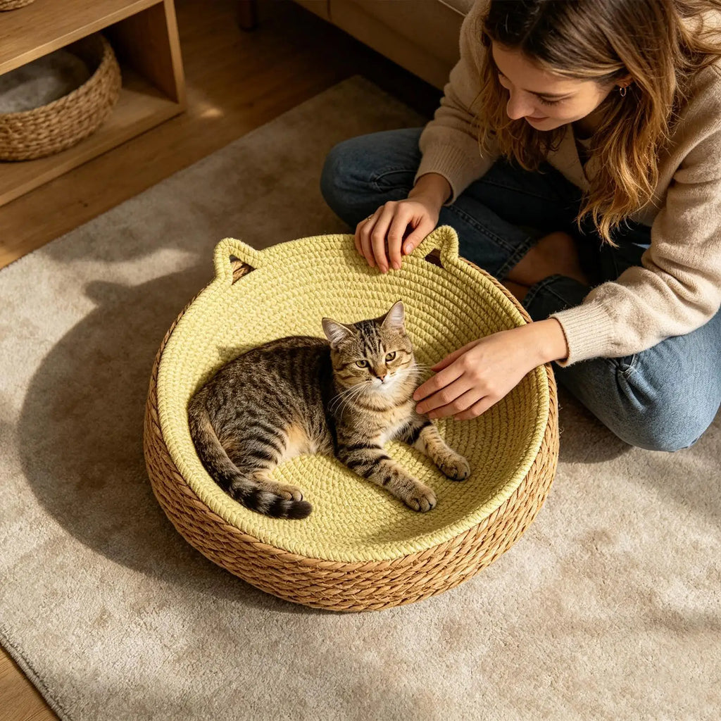 Round Cat Scratcher Breathable Pad Kitten Ear Design Cotton Rope Woven Cat Bed for Play Exercise Enrichment Paws Care Activity Oasis Select