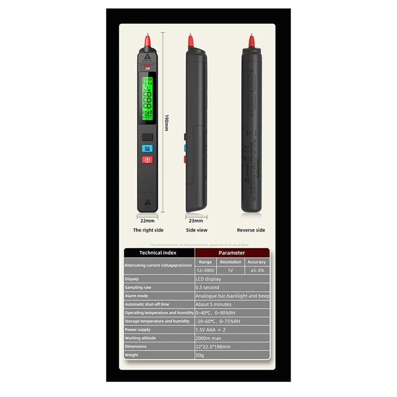 WISH BSIDE Z2 AC Voltage Tester Leakage Detector Creepage Electric Pen Non-Contact Circuit Continuity 0-300V Black Oasis Select