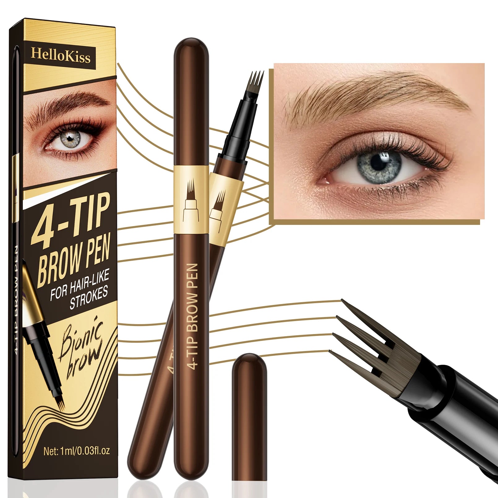 Hello Kiss 4-Tip Eyebrow Pencil – Waterproof & Long-Lasting
