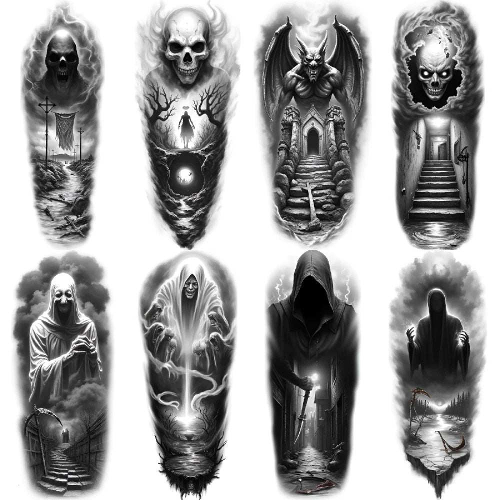 3-Pack Skull & Grim Reaper Temporary Tattoos – Black & Grey