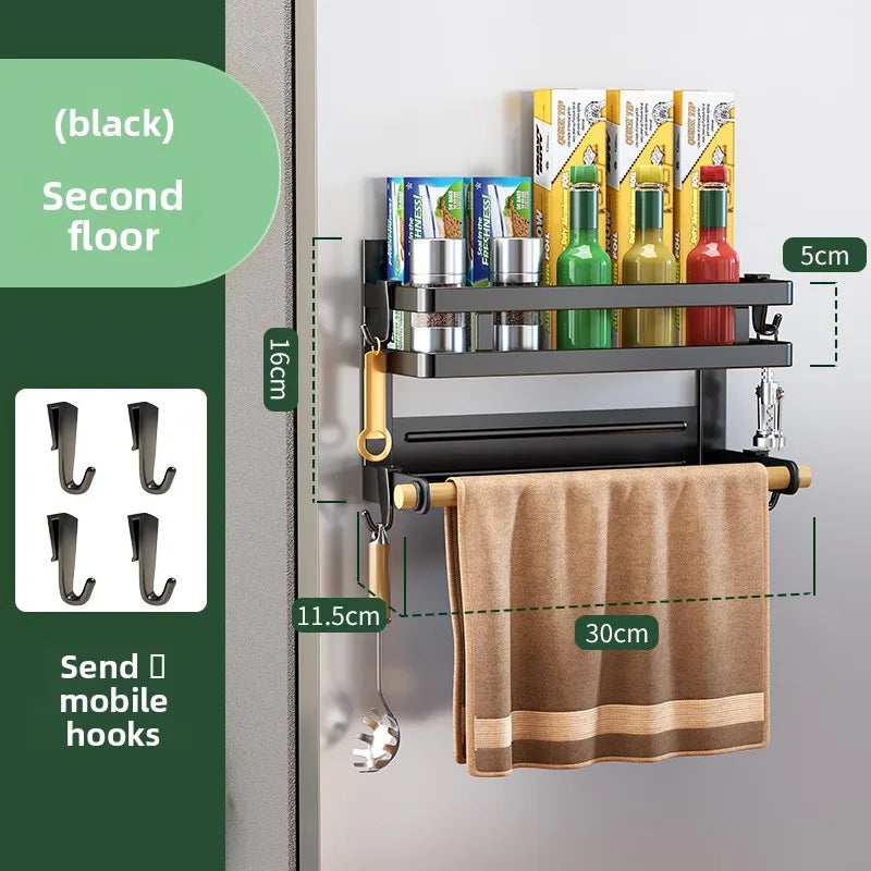 Non-marking installation, no punching, kitchen side storage, plastic wrap hanger, refrigerator rack, towel rack Oasis Select Double Layer Black