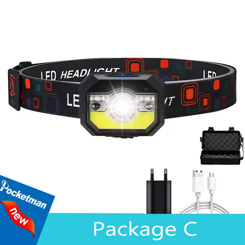 IR Motion Sensor LED Headlamp Super Bright USB Rechargeable Headlight Outdoor Emergency Light Night Fishing Head Lamp Oasis Select Package C Built-in battery