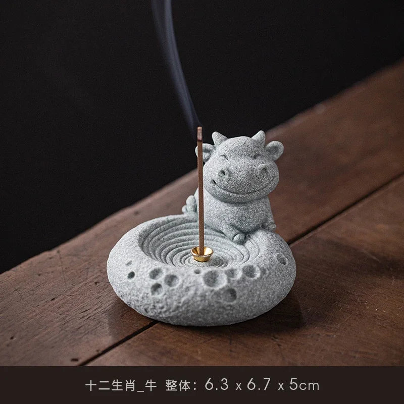 Blue Sand Stone Twelve Zodiac Tea Ceremony Decoration Aromatherapy Chinese Stove Incense Holder Lovely Table Decoration Oasis Select cow