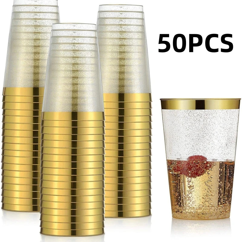 50pcs 10oz Golden Rim Cups, Durable Hard Plastic Water Glasses Suitable for Weddings and Parties, Party Dinnerware Drink Ware Oasis Select