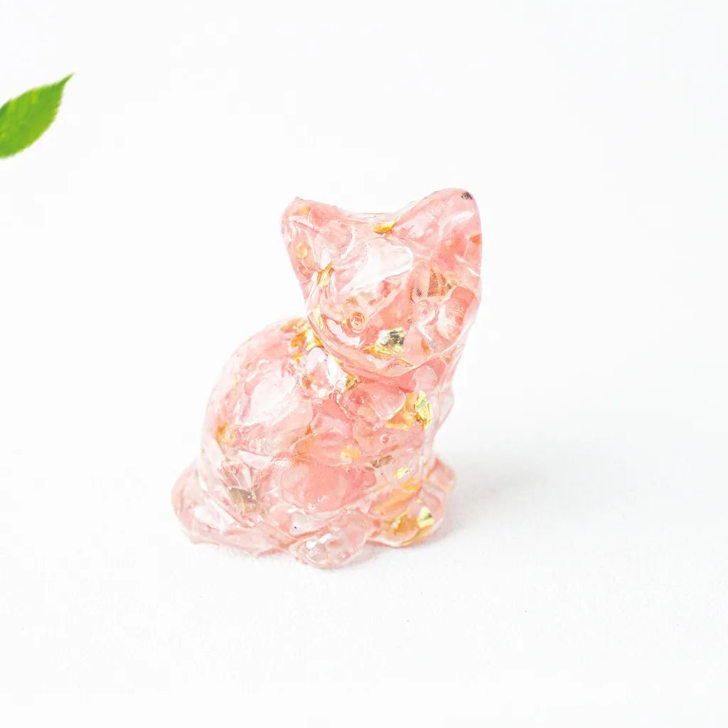 Natural Crystal Gravel Resin Sitting Turning Face Cat Figurine Gold