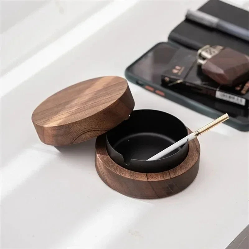 1pc Walnut Wood Ashtrays with Lid Covered Windproof Ashtray Stainless Steel Liner Indoor Outdoor Ash Tray for Home Oasis Select