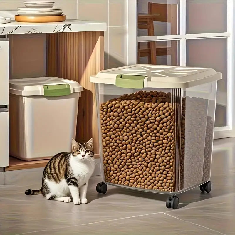 Large-capacity pet food storage bin with wheels. Features a built-in measuring scoop and a snap-on lid,keep pet grain dry. Oasis Select