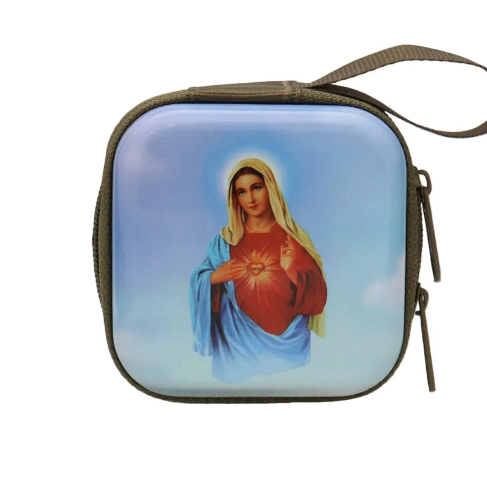 Virgin Mary Prayer Rosary Storage Bag Iron Artwork 7x7cm Religious Articles Cartoon Zippered Religious Jewelry Box Oasis Select I