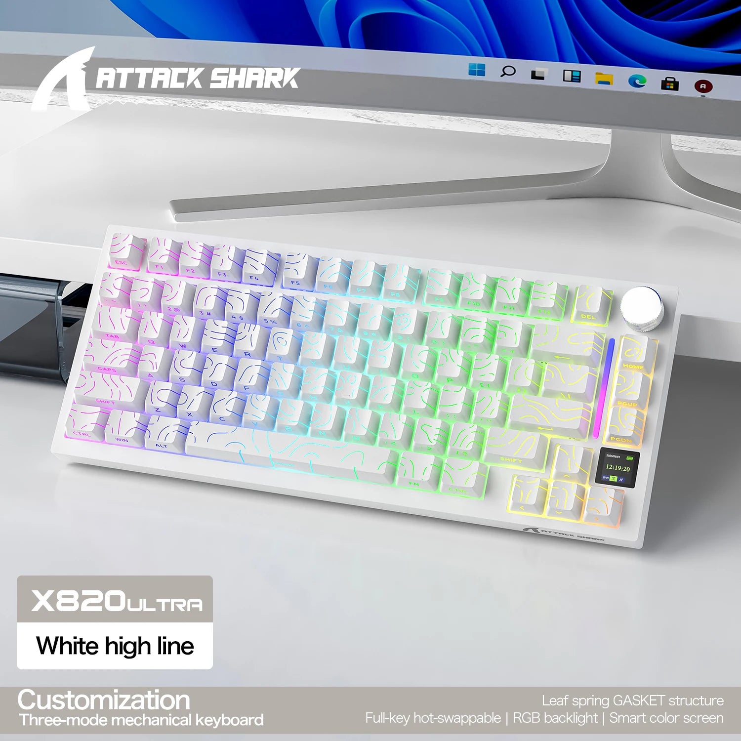 ATTACK SHARK X820Ultra Wireless Mechanical Keyboard Smart Color Screen& Knob,Tri-Mode, Gasket Mount, Hot-Swappable&RGB Oasis Select White high line