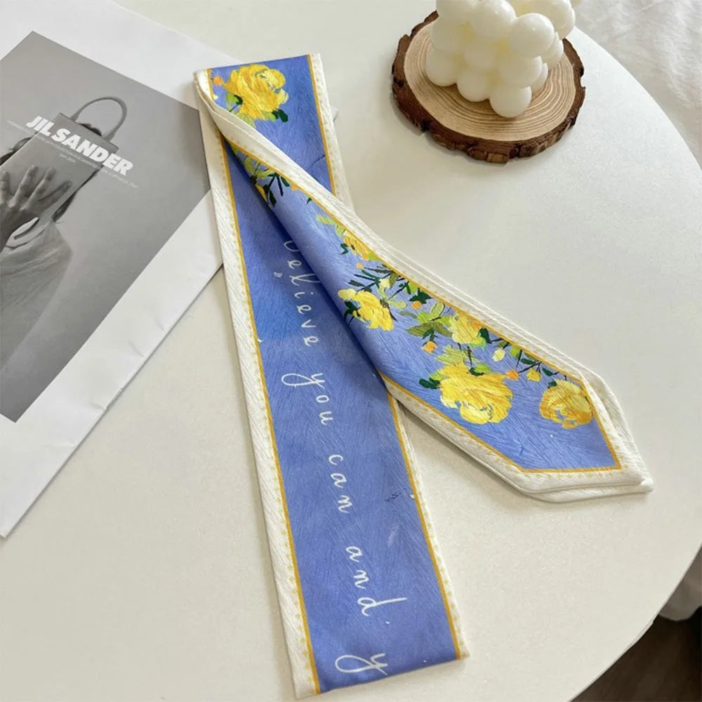 Summer Versatile Satin Silk Ribbon Scarf Fresh Floral Long Thin Bag Strap Narrow Fashion Accessory for Women Oasis Select 15
