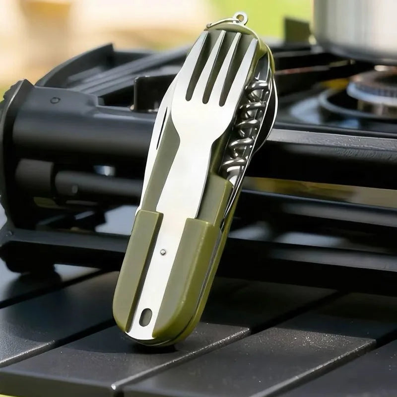 1pcs Outdoor Picnic Portable Tableware Camping Folding Stainless Steel Knife Fork Spoon Bottle Opener Multifunctional Wilderness Oasis Select