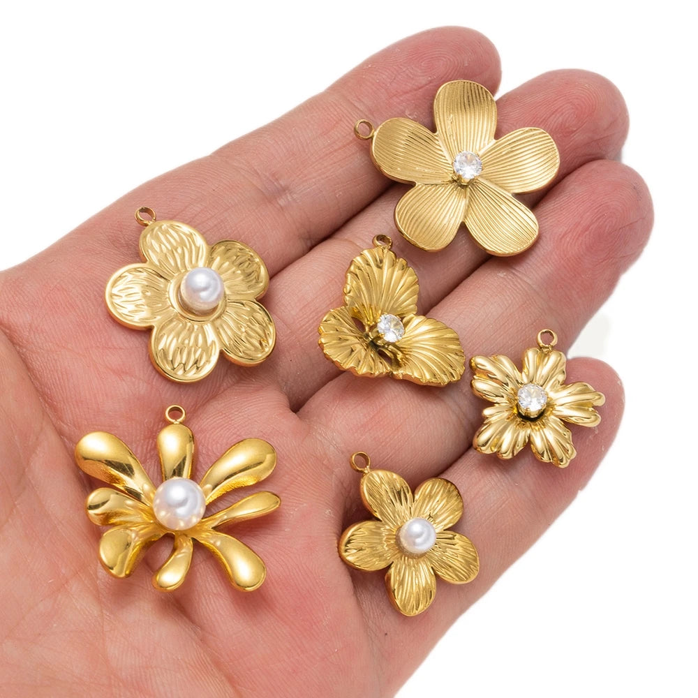 5pcs Gold Stainless Steel Flower Charms Metal Pearl Pendant for DIY Necklace Bracelet Jewelry Making and Crafting Wholesale Bulk Oasis Select