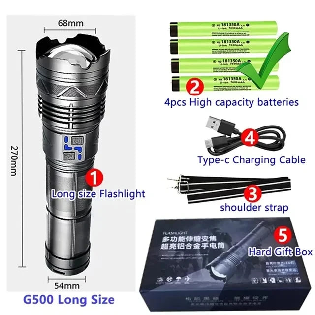 Most Powerful GT60 LED Flashlight Long-range Lighting Long Endurance Powerful Torch Type-C Charging Tactical Camping Lantern Oasis Select BIG With gift box
