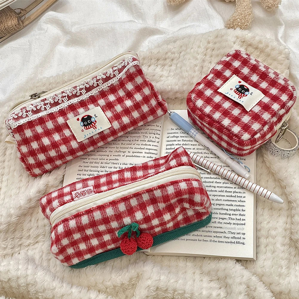 Cherry Fabric Pencil Case – Large Capacity Stationery Bag