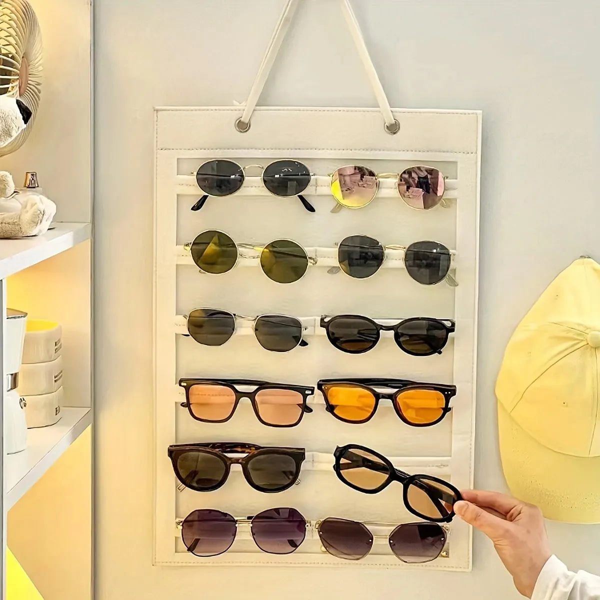 1pc,Rice white glasses storage bag, sunglasses storage bag, sun visor display rack, scratch resistant mirror surface Oasis Select