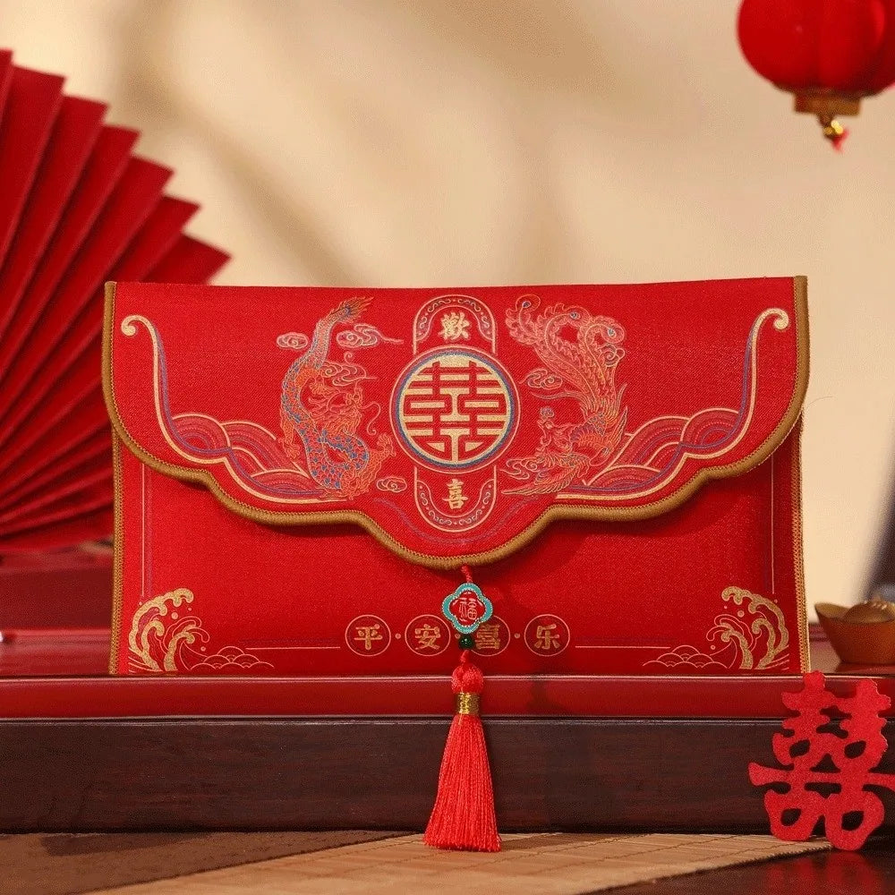 Chinese New Year Brocade Red Envelope with Tassels & Embroidery