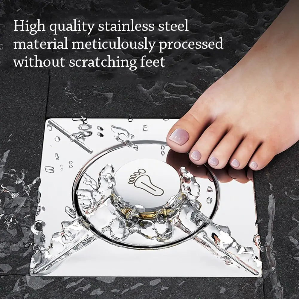 Stainless Steel Pop-Up Square Floor Drain | Anti-Odor Press Type