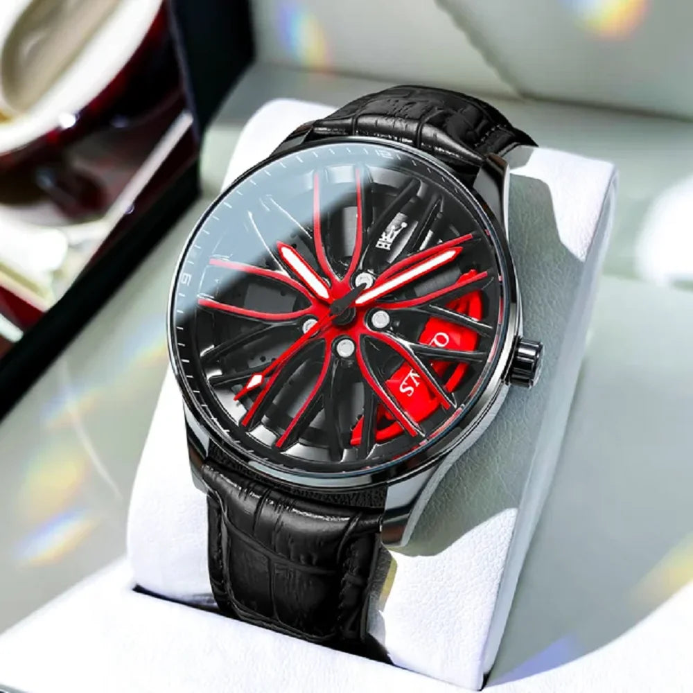 Men's Car Rim Quartz Watch – Leather Strap Round Dial