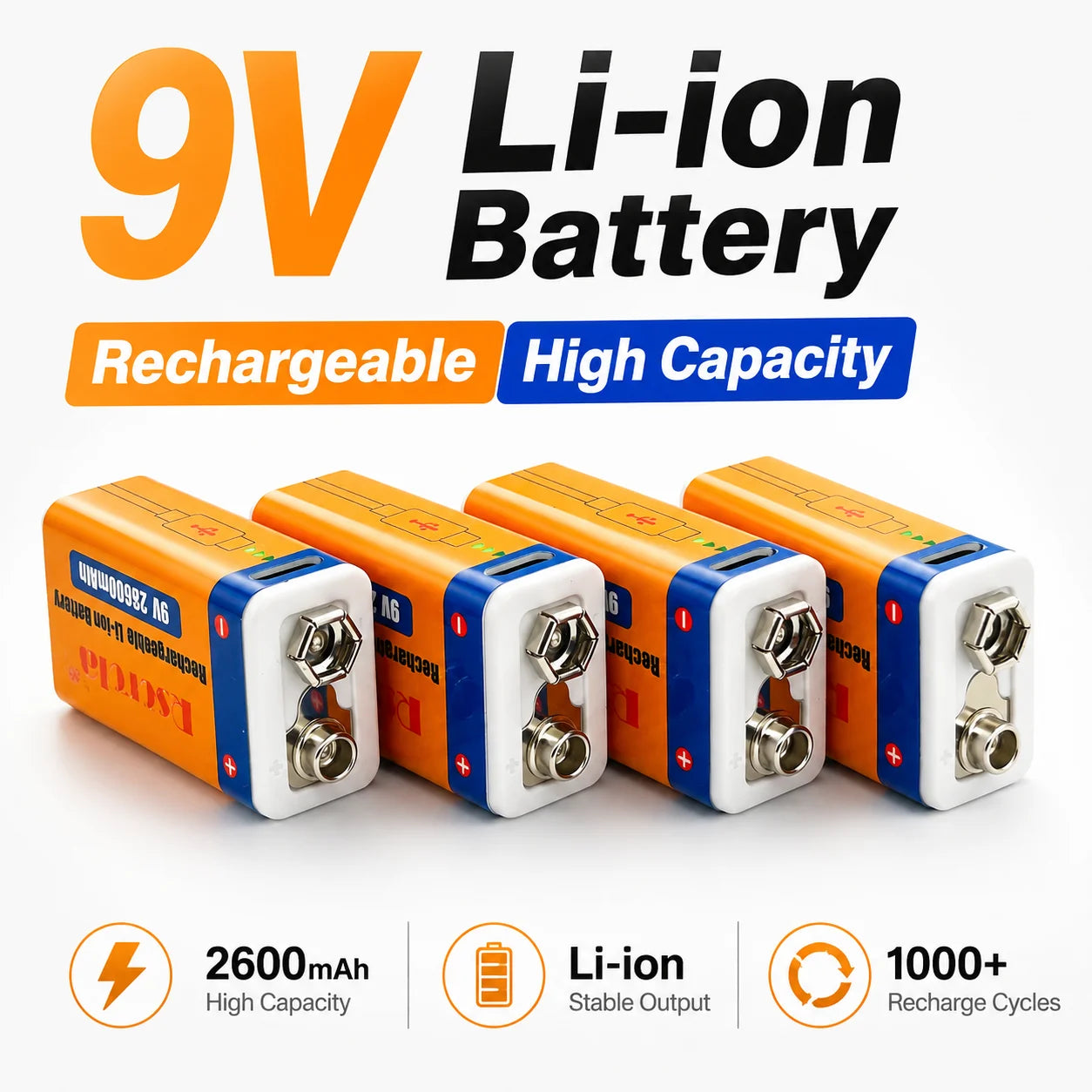 9V Rechargeable Li-ion Battery USB Charging High Capacity Power Cell with over 23500mWh for Microphone Multimeter Toys Guitar Oasis Select