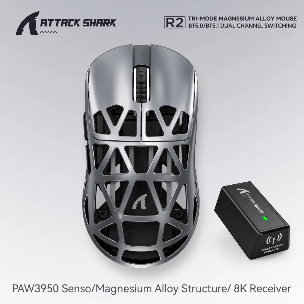 Attack Shark R2/8K Magnesium Gaming Mouse-8000Hz Polling, 48g Ultra Light, Tri-Mode Wireless, PAW3950Max Sensor with R2 Mini Oasis Select R2 Silver grey