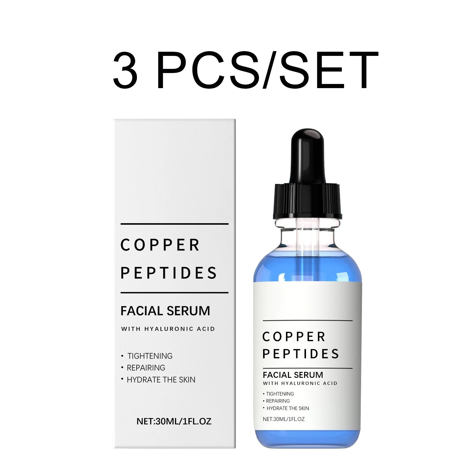 Copper Peptides Facial Serum With Hyaluronic Acid Hydrating Firming Smoothing Fine Lines Daily Care Face Skin Care Essence 30ml Oasis Select 3 PCS