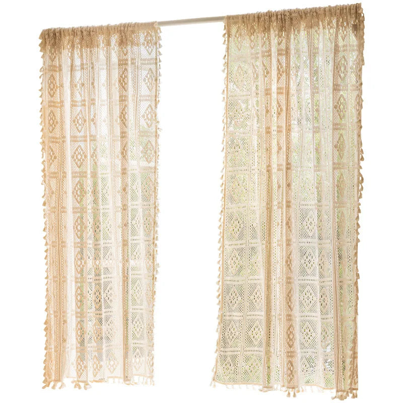 Cotton crochet hollowed out woven curtain American rural retro cotton linen lace tassel gauze curtain window curtain Oasis Select