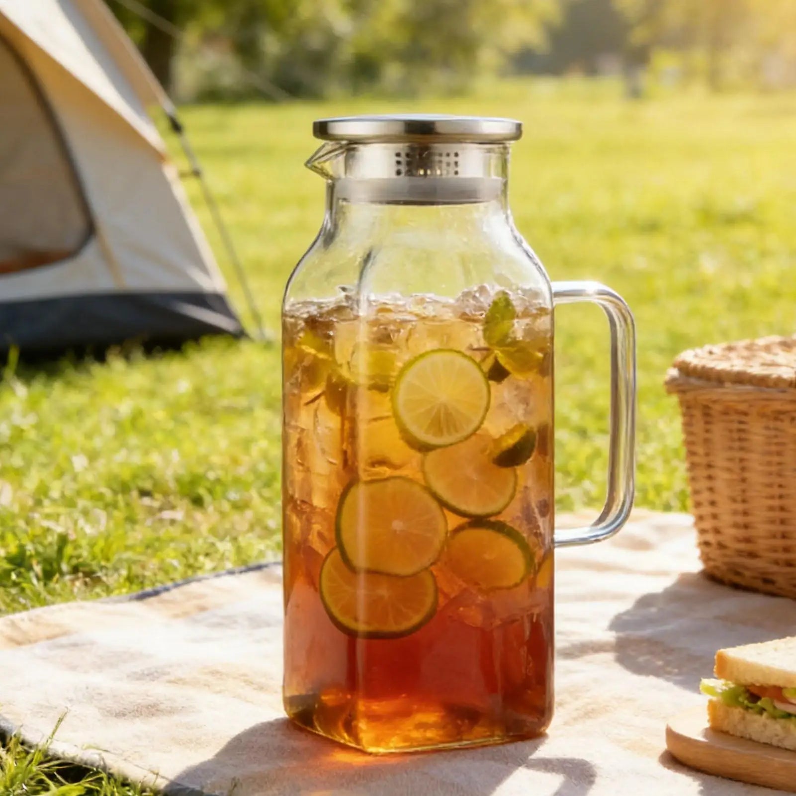 Glass Drink Pitcher 2L Beverage Jug with Handle and Lid Household Tea Pitcher for Tea Coffee Juice Milk Lemonade Refrigerator Oasis Select