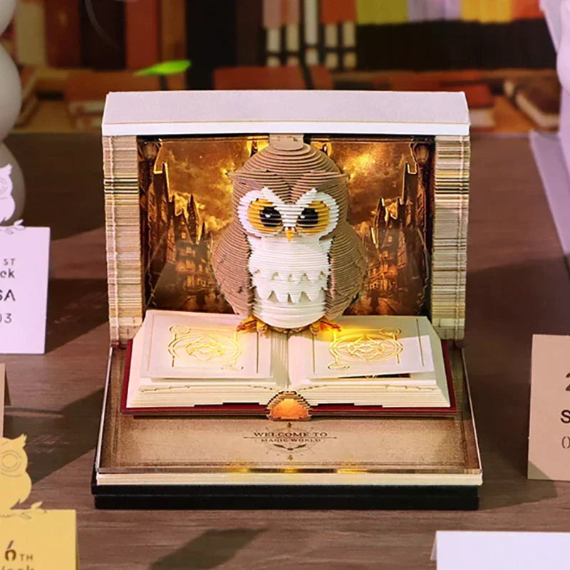 Time Piece Calendar 2026 Desk Calendar With Light 3D Magic Owl Calendar Paper Carving Art Memo Pad Notepad Gift for Christmas Oasis Select
