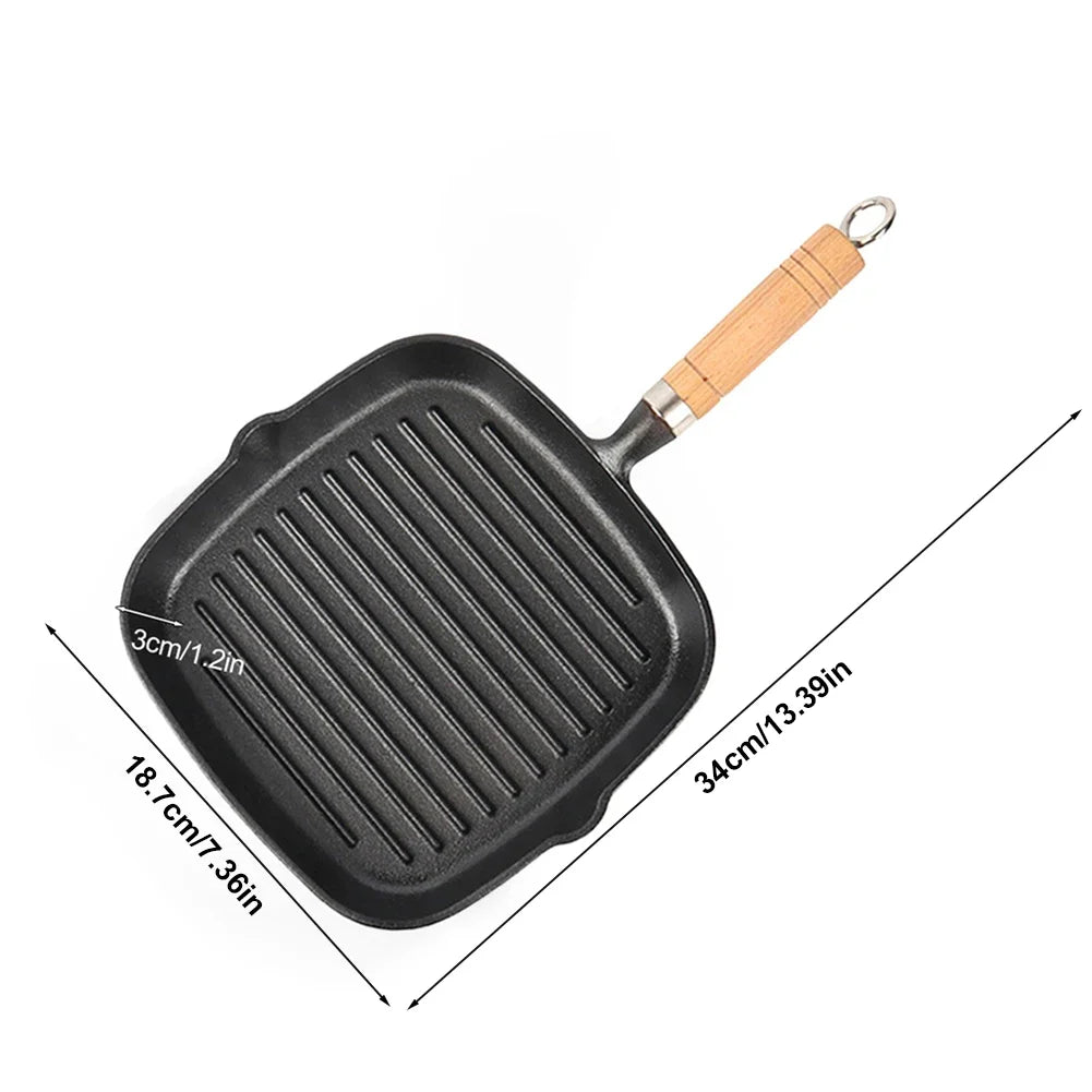 Cast Iron Grill Pan Non-Stick Square Skillet with Drip Spout with Wooden Handle for Indoor & Outdoor Grilling Oasis Select 18cm