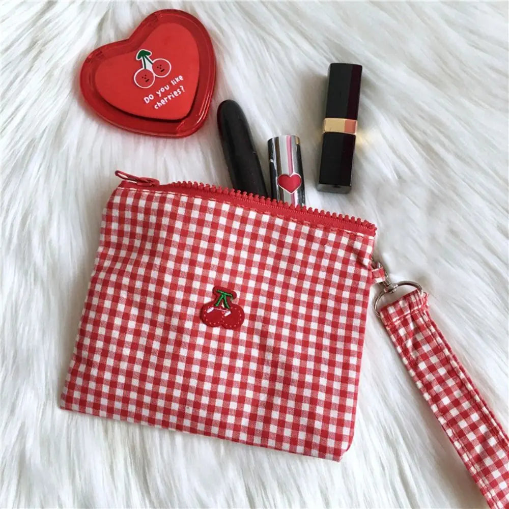 Embroidered Cherry Canvas Cosmetic Bag | Zipper Travel Makeup Pouch