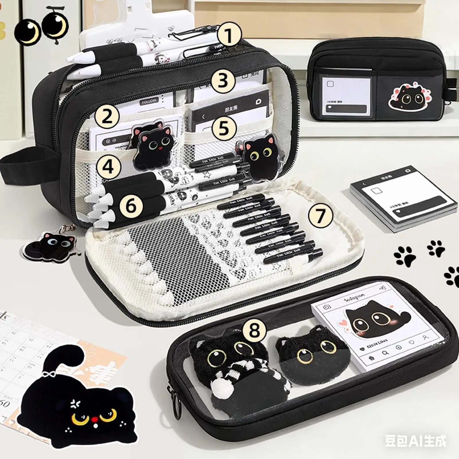 Girls Pencil Case Detachable Black Cat Storage Set Animal Pencil Case Stationery Supplies for Marker School Supplies Kids Teen Oasis Select