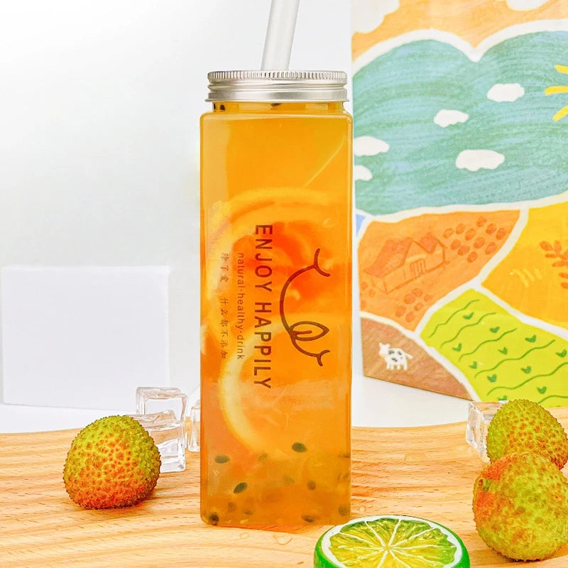 10 Pack 500ml Square Clear PET Bottles with Lids & Straws, Reusable Leakproof Cups for Milk Tea Juice Takeout Party Celebrations Oasis Select