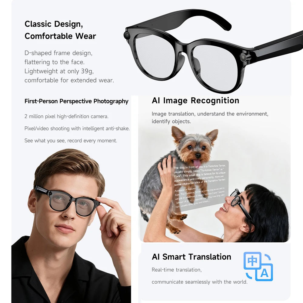 Bluetooth Call Sunglasses Men AI Smart Glasses Real-time Translation Dual Camera Shoot Audio Video Music Player Multifunctional Oasis Select