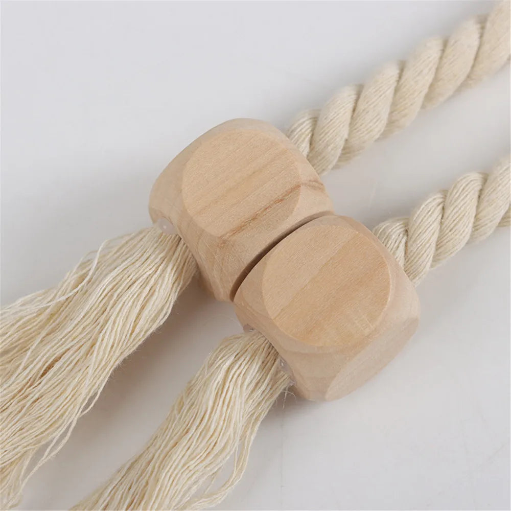Hand-woven solid wood magnetic knot curtain tiebacks with Boho style, suitable for living room and bedroom home decoration. Oasis Select