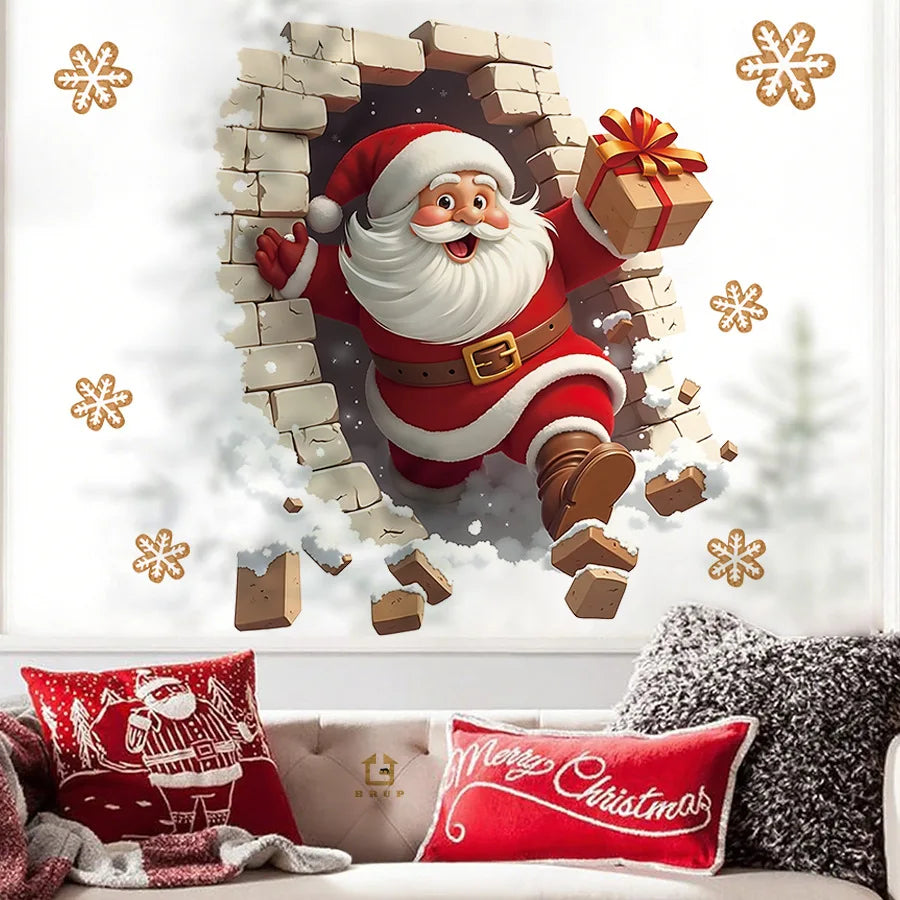 HS1787Q Three-dimensional Wall-breaking Effect Santa Claus in The Snow Gift Self-adhesive Wall Sticker for Holiday Decoration Oasis Select