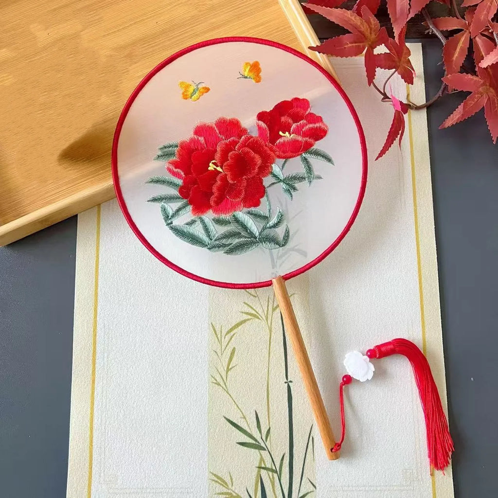 Chinese Silk Round Fan Double-sided Floral Embroidery Hand Fans