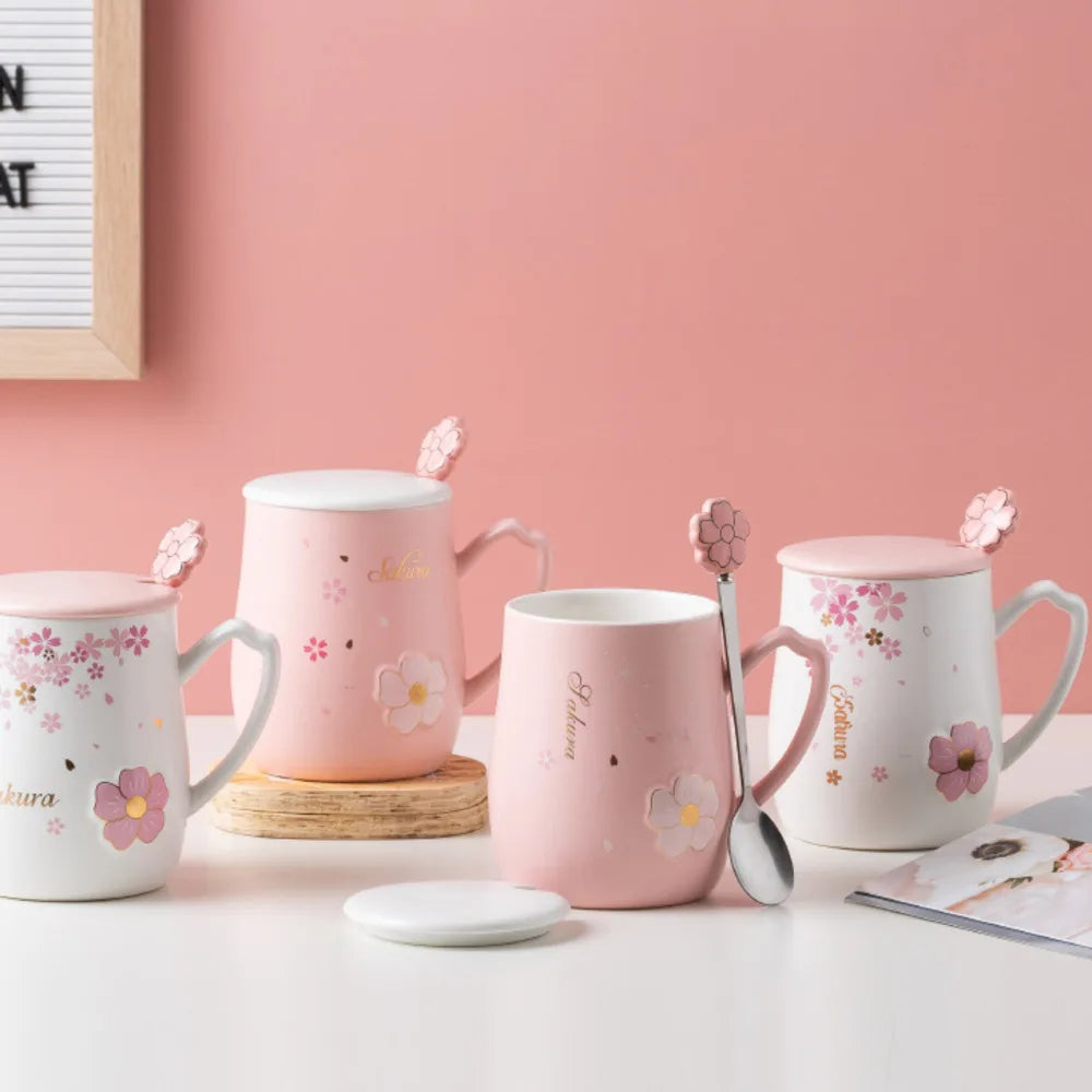 Relief Cherry Blossom Ceramic Mug With Lid Spoon Heat-resistant Mugs Milk Coffee Cup Couple Tea Juice Cups Drinkware Oasis Select
