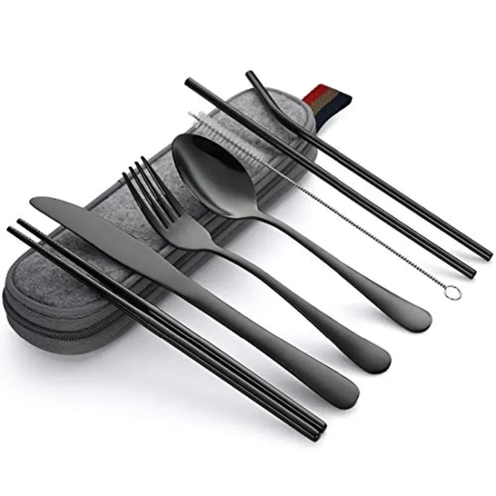 8Pcs/set Tableware Reusable Travel Cutlery Set Camp Utensils Set with Stainless Steel Spoon Fork Chopsticks Straw Portable Case Oasis Select