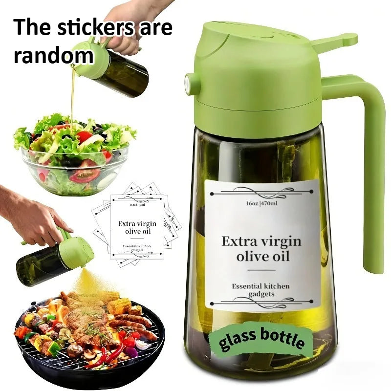 1pc 2-in-1 Olive Oil Dispenser & Sprayer, 16oz/470ml Dark Green Bottle, Durable Plastic with 6 Stickers, Kitchen Cooking Gadget Oasis Select green bottle cap