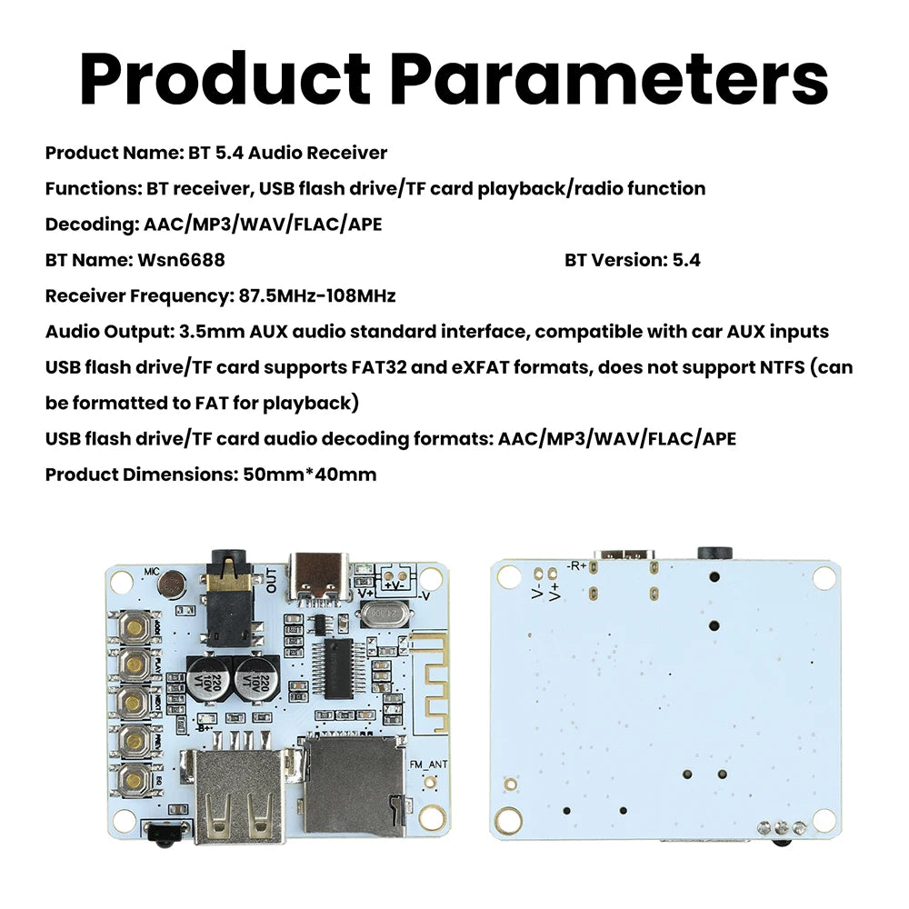 Bluetooth 5.4 Audio Receiver Board with USB/TF Playback Lossless Decoding AAC MP3 WAV FLAC APE for Car AUX DIY Power Supply Oasis Select