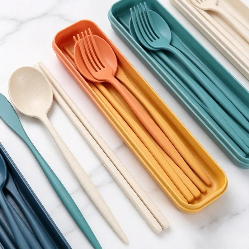 Portable Wheat Straw Dinner Utensil Kit Eco Friendly Spoon Fork Knife Chopstick Box for Travel Camping Oasis Select