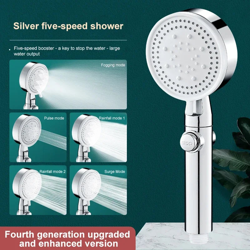 High-pressure Shower Head Set 5 Modes of Adjustment Showerhead with Hose Water-saving One-touch Stop Bathroom Accessories Oasis Select Silver showerhead