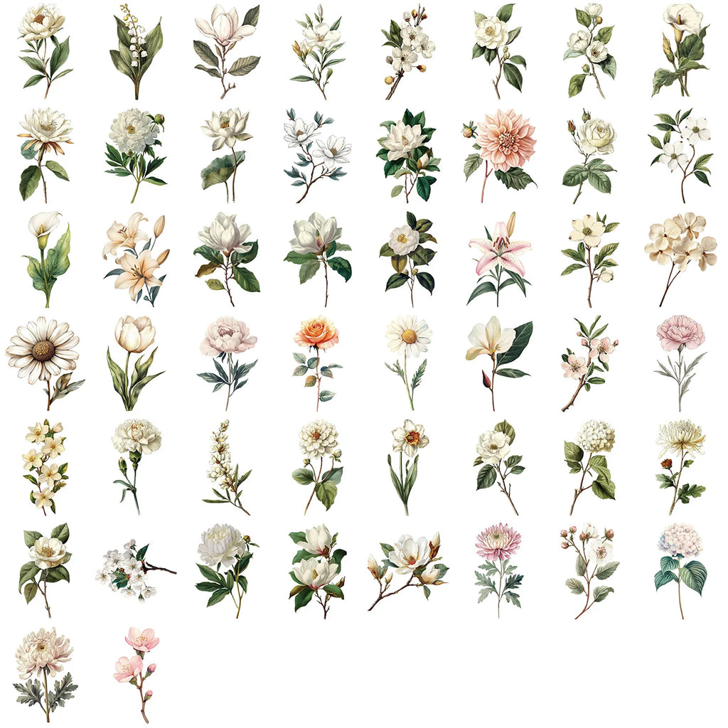 50PCS Retro Long Branch Flower Plastic Stickers Luggage Manual Material Retro Flower Decoration Waterproof Stickers Oasis Select WHITE