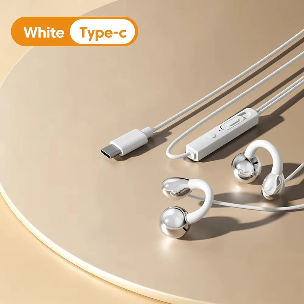 Ear Clip Type Wired Headphones 3.5mm/Type-C HiFi Ear Clip Headphones Wire Control Stereo Earbuds Not In Ear Headphones Oasis Select white type-c