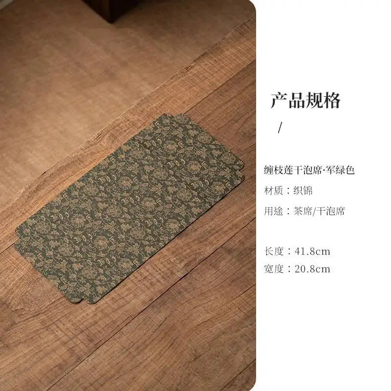 Brocade Wrapped Lotus Tea Mat Chinese Zen Waterproof Table Dry Tea Mat Home Tea Room Exquisite Tea Mat Oasis Select Mat - Military Green