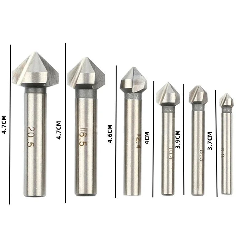 JUSTINLAU 6PCS 90 Degree 3 Slot Round Shank Chamfering End Mill High Speed Steel Countersunk Head Deburring Conical Drill Bit Oasis Select