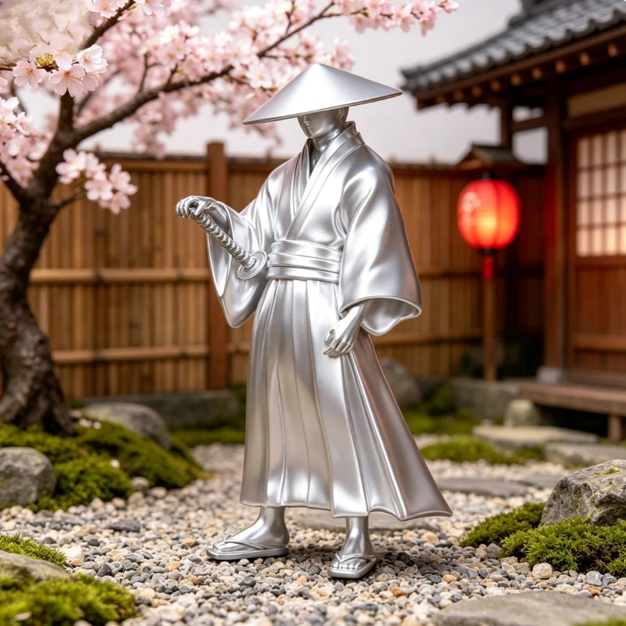 Wandering Ronin Statue Japanese Straw Hat Samurai Sculpture, Oriental Bushido Desktop Ornament for Study Room Home Decor Gift Oasis Select silver