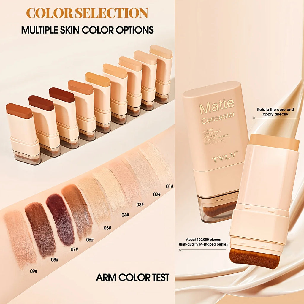 2-in-1 Concealer Eraser Dual-Head Foundation Stick with Brush Head Nine Colors European and American Waterproof Non-Caking Solid Foundation Cream 15G/Stick - 1 Stick Oasis Select