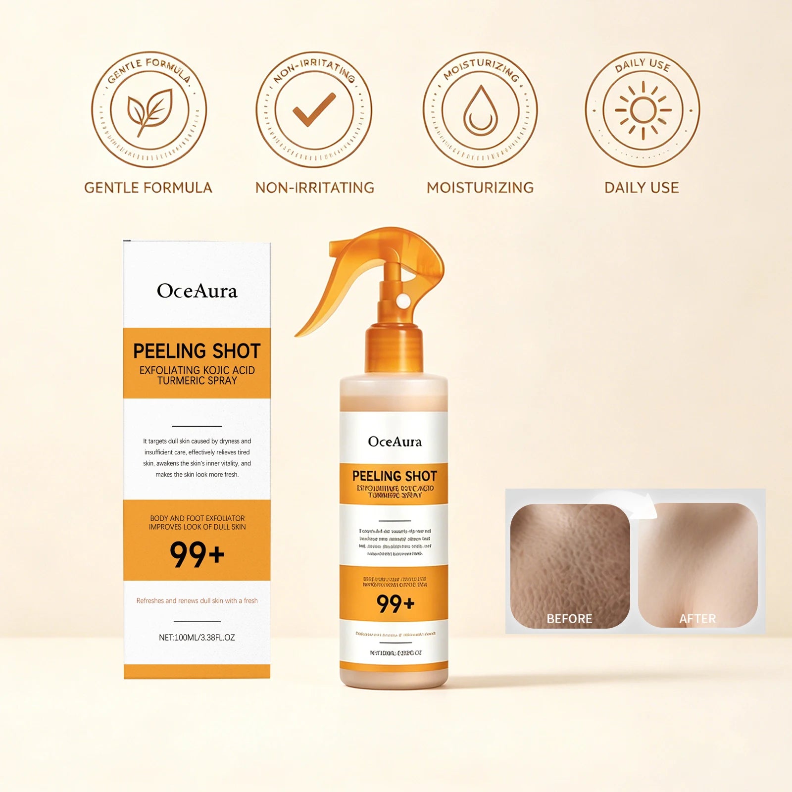 Kojic Acid Turmeric Spray Exfoliating Body Spray Brightening Smoothing Dull Skin Hydrating Body Keratin Care All Skin Types Oasis Select